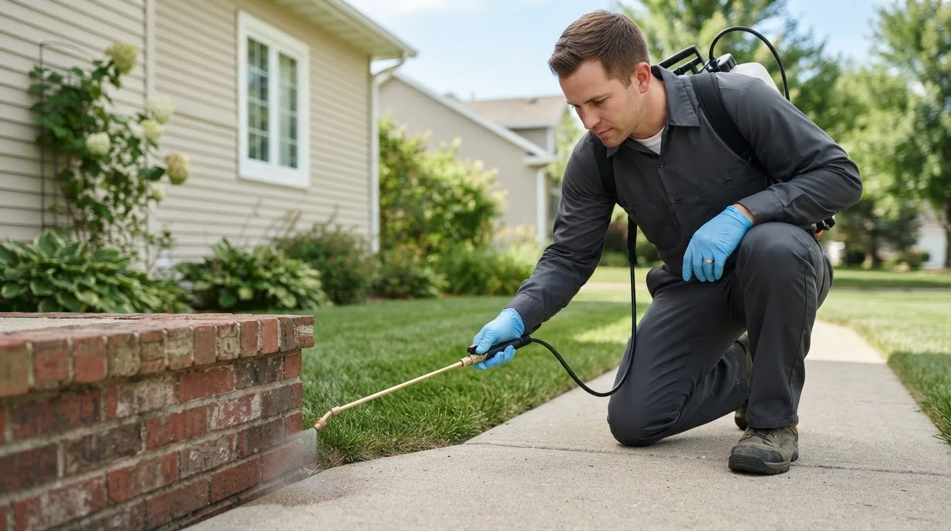 Pest control technician treating a home near Risco, MO